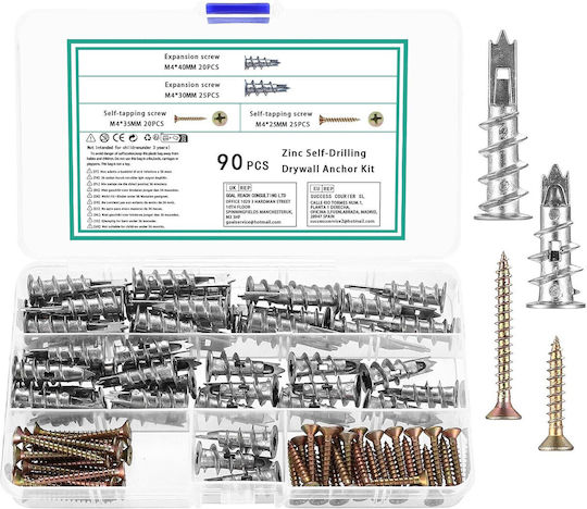 Set 90 Şuruburi Autoperforante M4 Pentru Perete Uscat Ancore Metalice Şuruburi Ancore Cavitate Şuruburi Autoperforante Ancore Cărămizi Pentru Perete Uscat