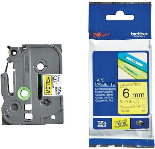 Plastic Label Maker Tape Mediarange Brother Tz-611/tze-611 6mm X 8m Black On Yellow Mrbtz611