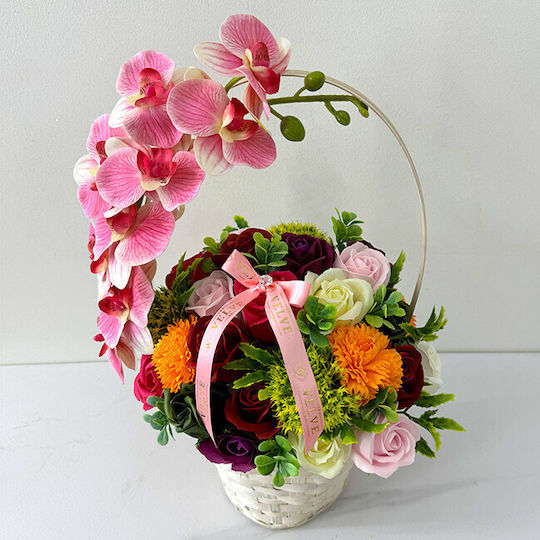Anniversary Basket Floral Collection Orchid Handcrafted Plants Soap Roses Carnations Decorated Crystal Pink Bow