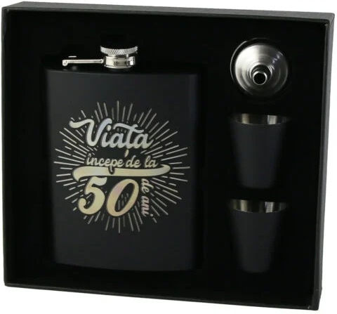 Set Flask "Life Begins At 50" Pâlnie Două Pahare Negre