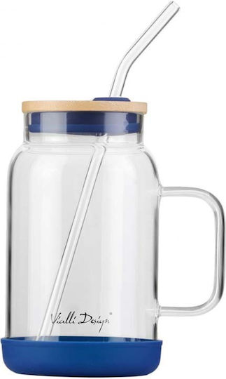 Vialli Design Glas Wasser aus Glas in Blau Farbe mit Strohhalm 600ml