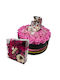 Aranjament Floral În Cutie Rotundă 27 Trandafiri Săpun Flori Uscate Roz Parfumate 40g Praline Raffaello 43g Kinder Bueno 80g Baton Kitkat