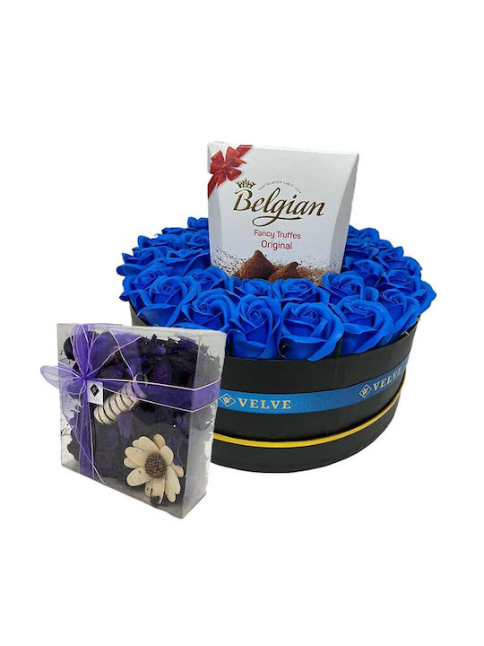 Aranjament Floral În Cutie Rotundă Trandafiri Săpun Ciocolată Belgiană Flori Uscate Parfumate Albastre