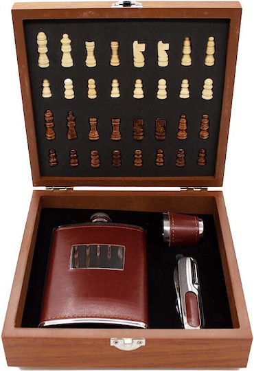 Set Cadou pentru Bărbați Vlv Cutie Piese de Șah Tirbușon Sticlă de Băut Pahar Îmbrăcată în Eco-piele Maro 20x18x6cm