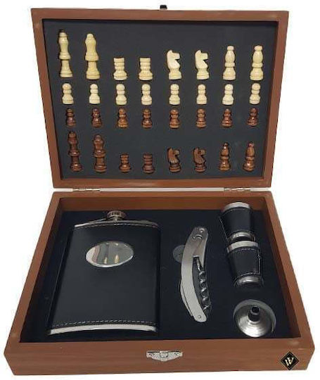 Men's Gift Set Vlv Box Chess Pieces Corkscrew Flask Glasses Covered in Eco Leather Black
