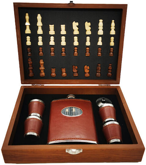 Set Men Box Givesdrink Piese Șah Flask 4 Pahare Acoperite Cu Piele Ecologică Maro