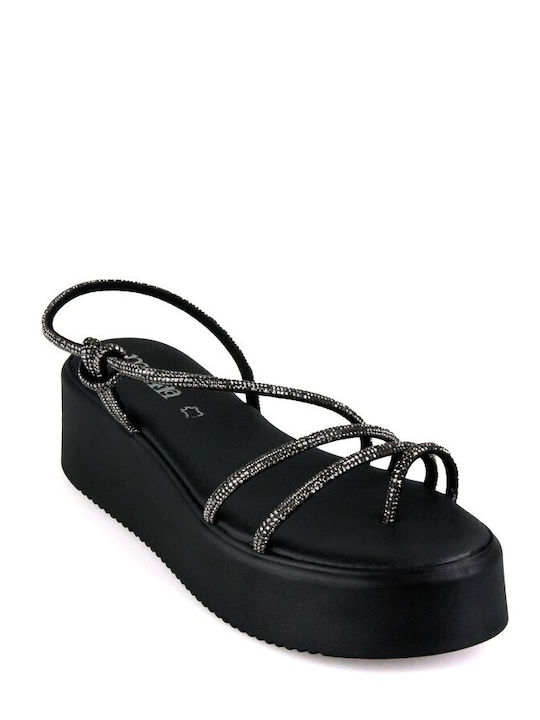 Δερμάτινα Γυναικεία Σανδάλια Flatforms Μαύρα