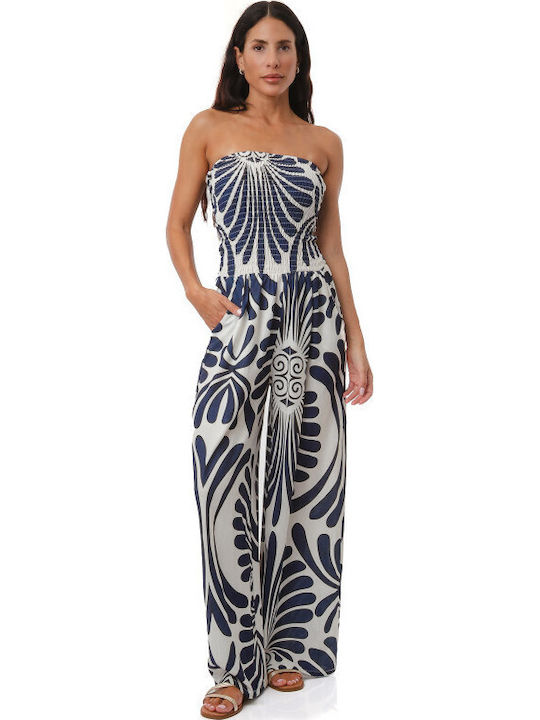 Γυναικεία Strapless Ολόσωμη Φόρμα Λευκή, Μπλε