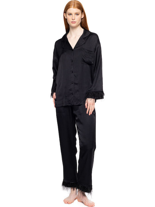 Pink Label Winter Women's Satin Pajama Set Black