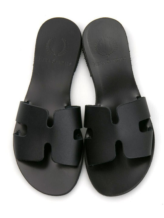 Leather Women's Flat Sandals in Black Color