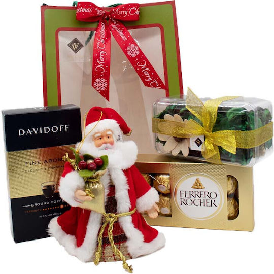 Pachet Cadou De Crăciun Ornament Decorativ Moș Crăciun 100g Praline Ferrero Rocher Cafea Davidoff Flori Uscate Parfumate