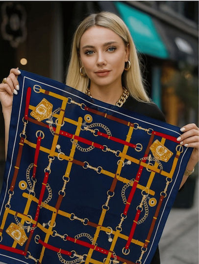 Women's Blue Bandana Scarf Chain Print 90x90 Cm