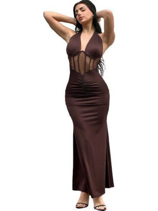 Chica Summer Maxi Evening Dress with Mesh Brown
