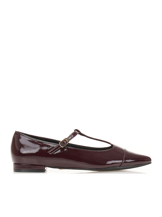 Damen Ballerinas Spitz zulaufend aus Lackleder mit Riemen in Burgundisch Farbe