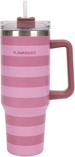 Flamingueo Μπουκάλι Θερμός Ανοξείδωτο 1.18lt Ροζ με Καλαμάκι και Λαβή