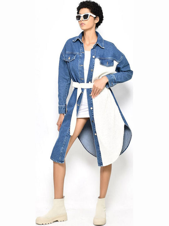 Rochie-Cămașă Midi Din Denim Bicolor