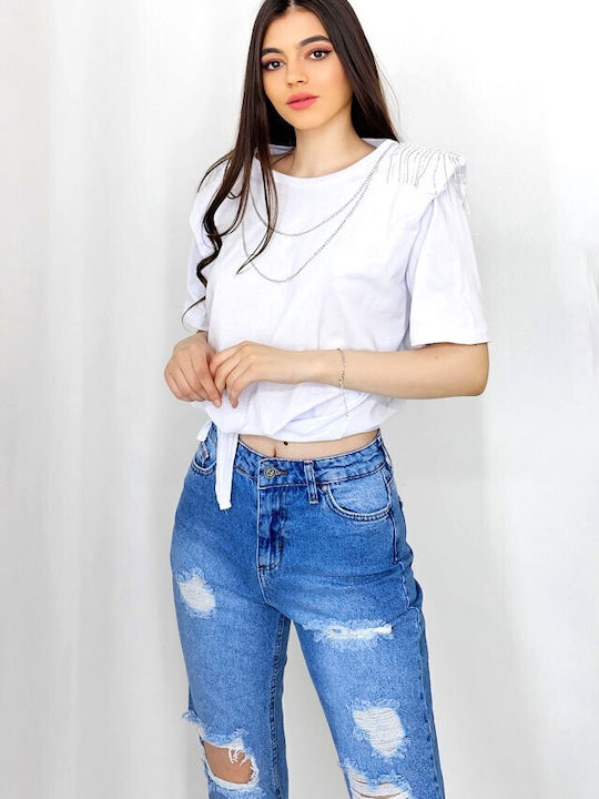 Bluza Damă De Vară Din Bumbac Mâneci Scurte Alb