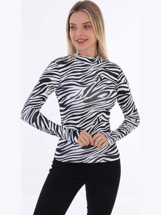 Bluza Damă Mânecă Lungă Crop Pulover Bumbac Cu Guler Înalt Animal Print Zebra