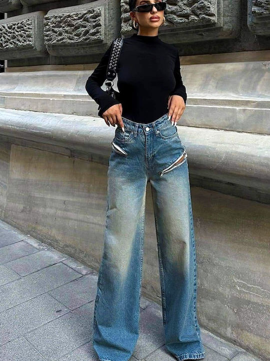 Ψηλόμεσο Γυναικείο Jean Παντελόνι σε Relaxed Εφαρμογή Blue