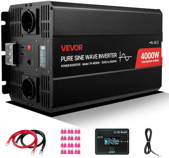 Vevor Inverter Αυτοκινήτου Καθαρού Ημιτόνου 4000W για Μετατροπή 12V DC σε 230V AC