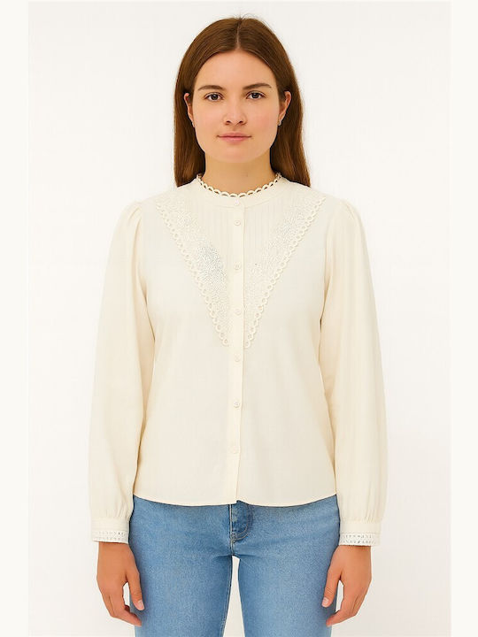 Langärmelig Damen Denim Hemd Ecru