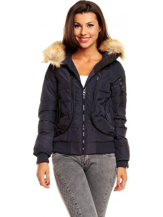 Damen Puffer Jacke mit pelziger Kapuze für Winter Blue