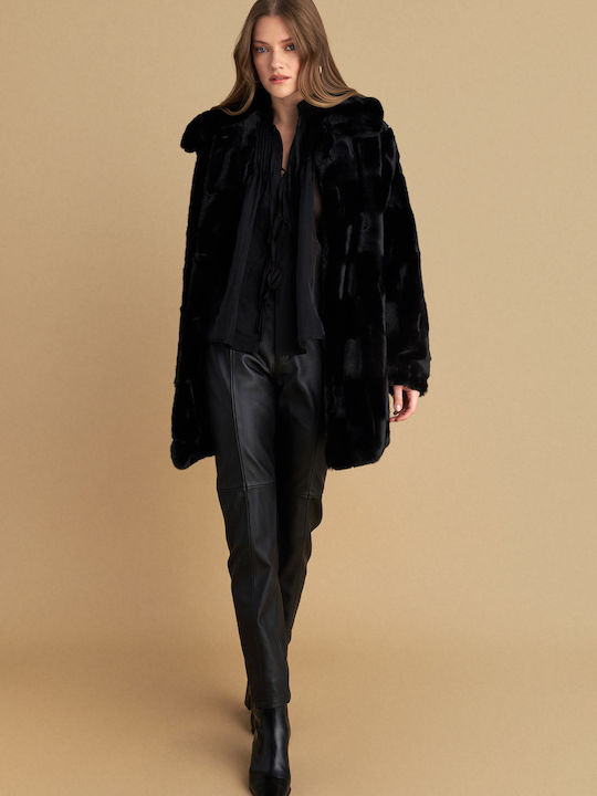 Women's Black Coat with Fur Details