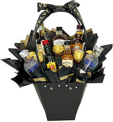Coș Cadou Delice Bărbați 5 Praline Ferrero Set Miniaturi Spirit Chivas Regal 12 Ani 2 Sticle Absolut Vodka Jack Daniels Jack Gentleman Jandb Hennssy