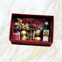 Happy Gift Package Elegant Red Box A Selection Miniature Alcoholic Beverages Pralines Spicy Nuts