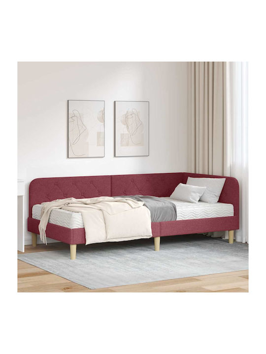 Canapea Pat Single Tapitat cu Material Roșu cu Plăci pentru Saltea 90x200cm