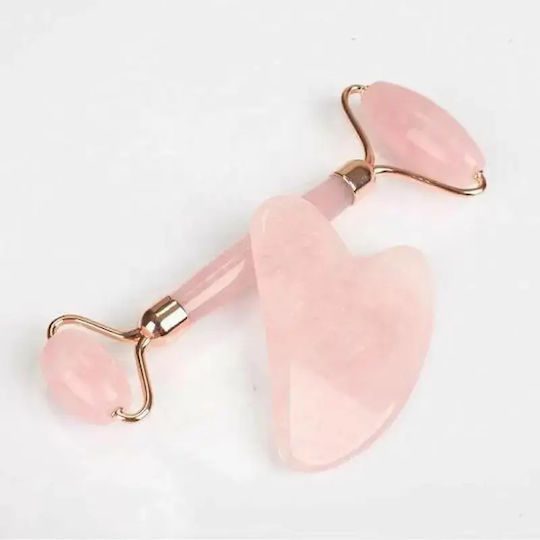 Rolă Facială și Instrument Gua Sha din Cuarț Roz 2 Bucăți
