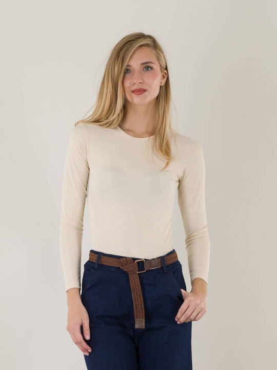 Damen-Bodysuit Basic Wickel Langarm Beige 16446