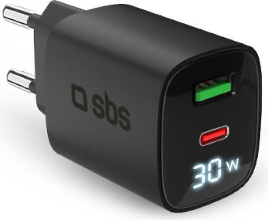 SBS Φορτιστής Χωρίς Καλώδιο GaN με Θύρα USB-A και Θύρα USB-C 30W Power Delivery Μαύρος (TETRGANLCD1USB1C30K)
