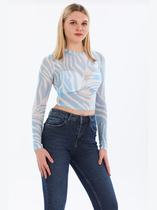 Bluza Damă De Vară Crop Top Mânecă Lungă Animal Print Albastru