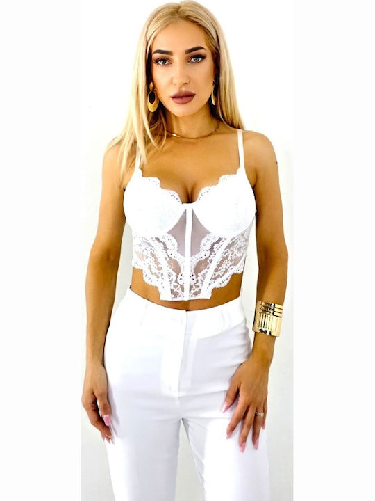 Bluza Corset Cu Bretele Și Dantelă Floral Albă
