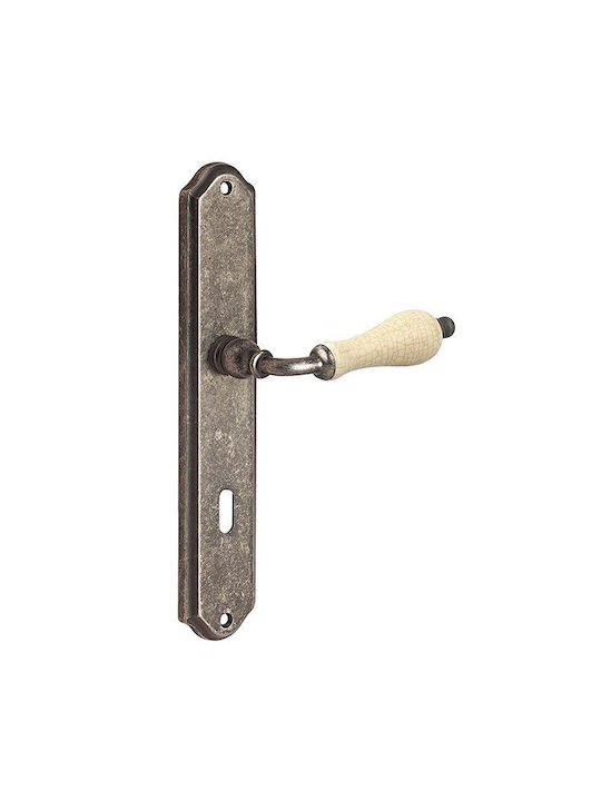 Roline Lever Middle Door with Plate Κ315 Pair (Center Distance 90mm) Old Silver-Craquelure