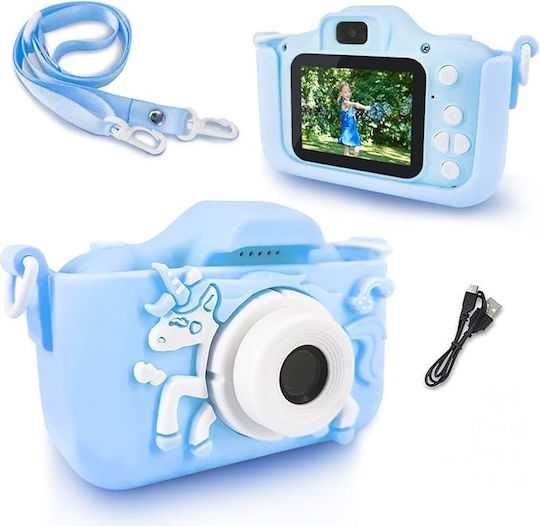 Digitale Kamera Kinder Silikonhülle Einhorn-Design USB-Kabel Tragriemen Spiele Verschiedene Foto Rahmen Blau