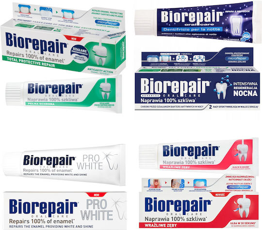 Biorepair 4×75 Ml — Set Complet Pastă de Dinți Protecție Completă Dinți Sensibili Pro White Albire Night