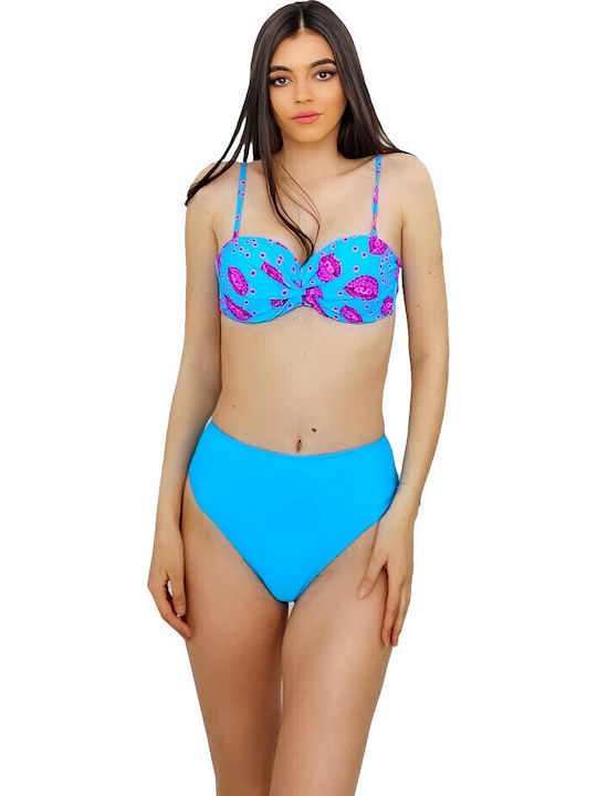 Set Bikini 3 Τεμαχίων Push Up Ψηλόμεσο Μπλε