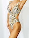 One-Piece Swimsuit with Cutouts Animal Print Brown