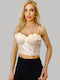 Damen Korsett Bluse Blumen Ecru