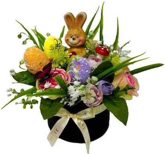 Aranjament Floral De Paște Decor Iepure 3 Ouă Decorative Plante Verzi Trandafiri Artificiali Crini De Vale În Cutie Rotundă Neagră