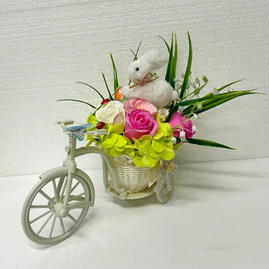 Aranjament Floral De Paște Iepuraș Decorațiune 3 Ouă Decorative Trandafiri Maci Săpun Hortensii Artificiale Crini De Vale În Coș Pe Suport De Bicicletă