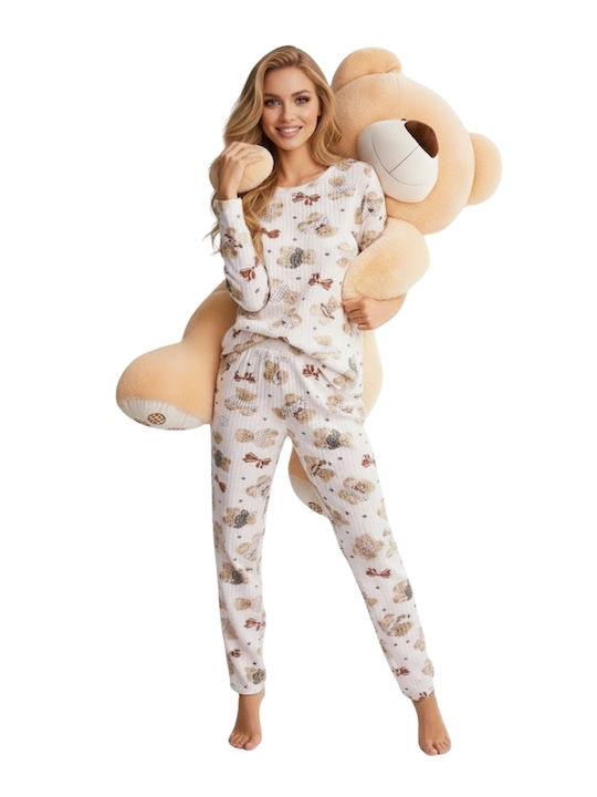 Siyah Inci Winter Damen Pyjama-Set Ecru