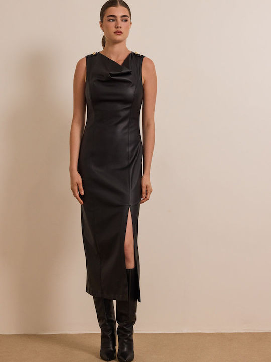 Noki Midi Evening Leather Drape Black Dress