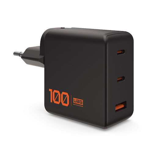 UAG Charger Without Cable GaN with USB-A Port and 2 USB-C Ports 100W Power Delivery Black/Orange (SRGE)