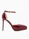 Patent Leather Pointed Toe Stiletto Burgundy High Heels with Strap