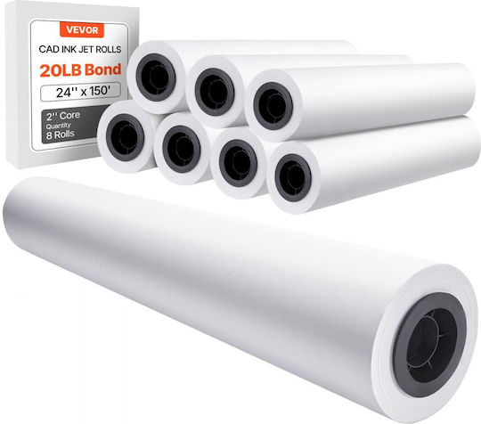 Хартия Голям Размер Vevor Ролка За Чертане 609,6 Mm X 45,7 M 8 Рола Cad Bond Роли Със Сердечник 50,8 Mm 80 Рола За Чертане Gsm Дизайни Cad Механични Чертанета Карти Gis Архитектурни Чертанета