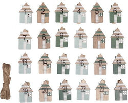 Комплект 24 Дървени Щипки За Дрехи Къщички Числа Advent Calendar Връв