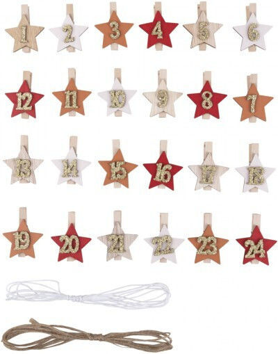 Set 24 Wooden Clothespins 4.8cm Stars Numbers Advent Calendar Cord